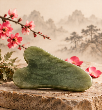 Strumento verde di Gua Sha su pietra naturale, con fiori di pruno e paesaggio dipinto
