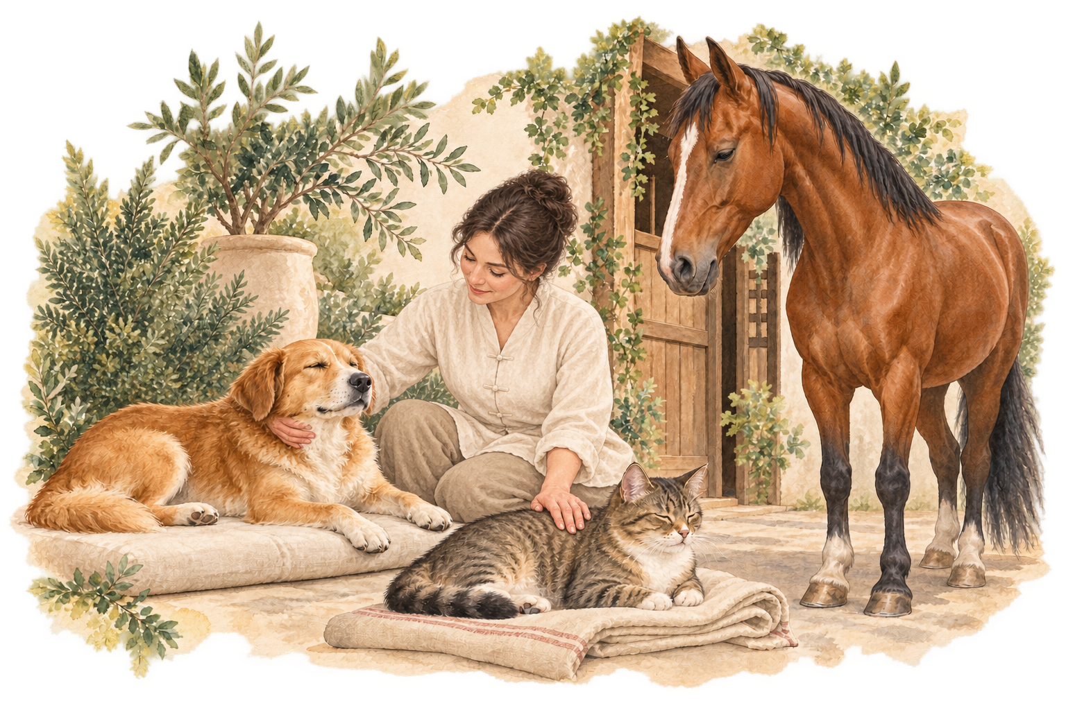 Tuina con un cane, un gatto e un cavallo, illustrazione originale ad acquerello